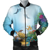 Hawaiian Turtle Dolphin In The Ocean Polynesian Bomber Jacket - AH Black Unisex - Polynesian Pride