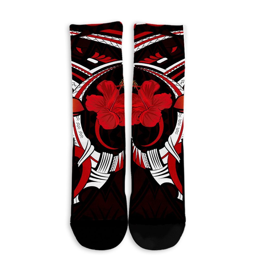 Hawaiian Turtle Hibiscus And Plumeria Flower Polynesian Crew Socks - AH - Polynesian Pride