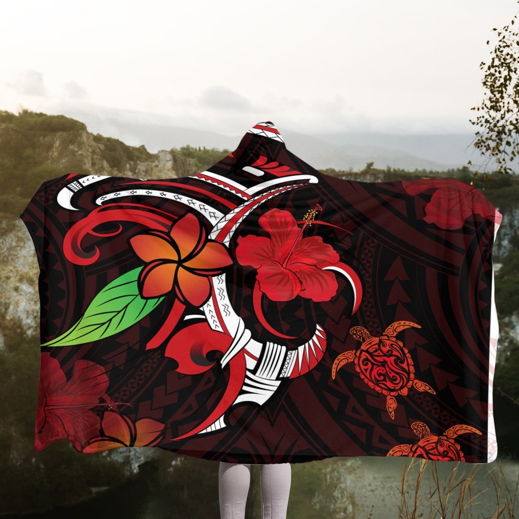Hawaiian Turtle Hibiscus And Plumeria Flower Polynesian Hooded Blanket - AH - Polynesian Pride