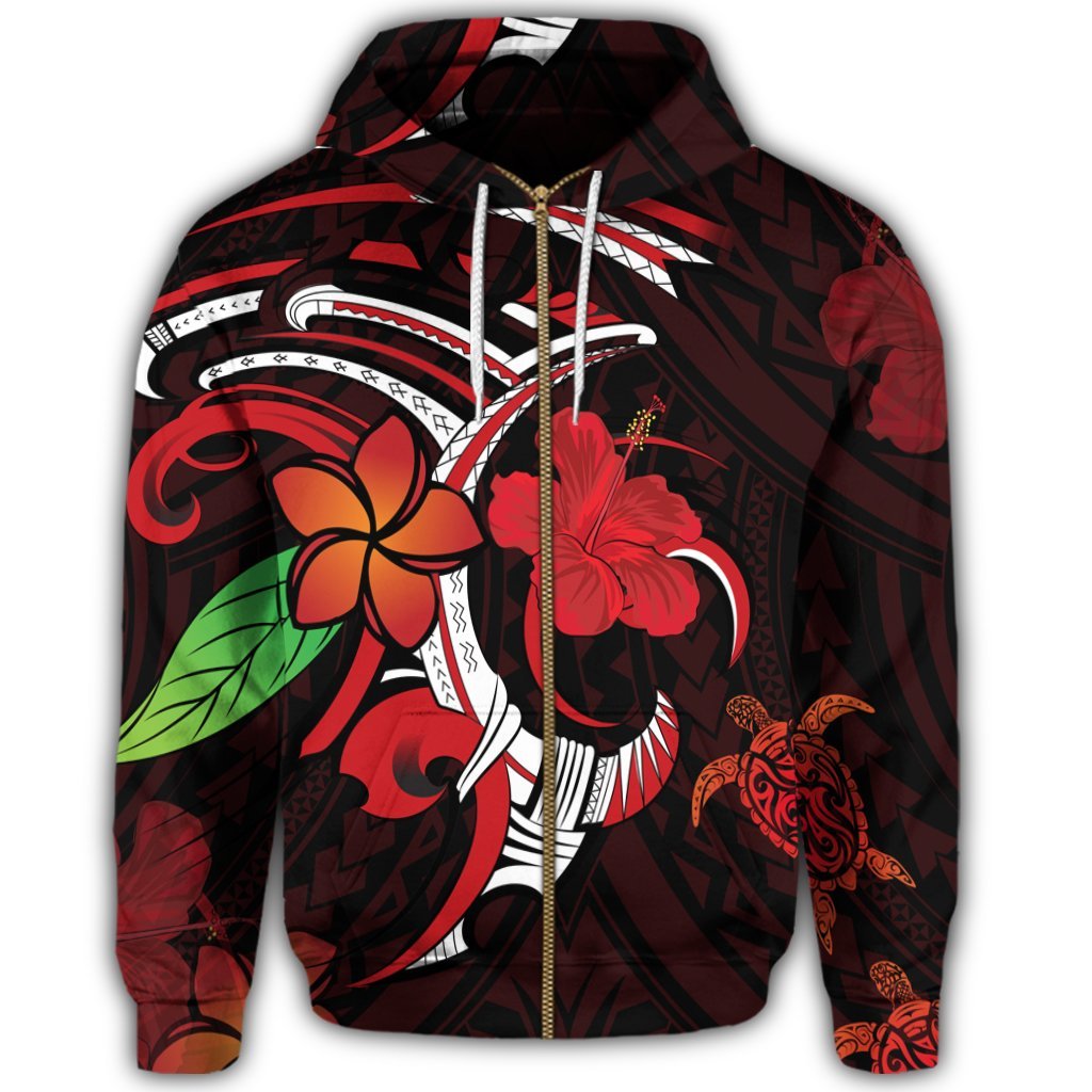 Hawaiian Turtle Hibiscus and Plumeria Flower Polynesian Zip Hoodie - Polynesian Pride