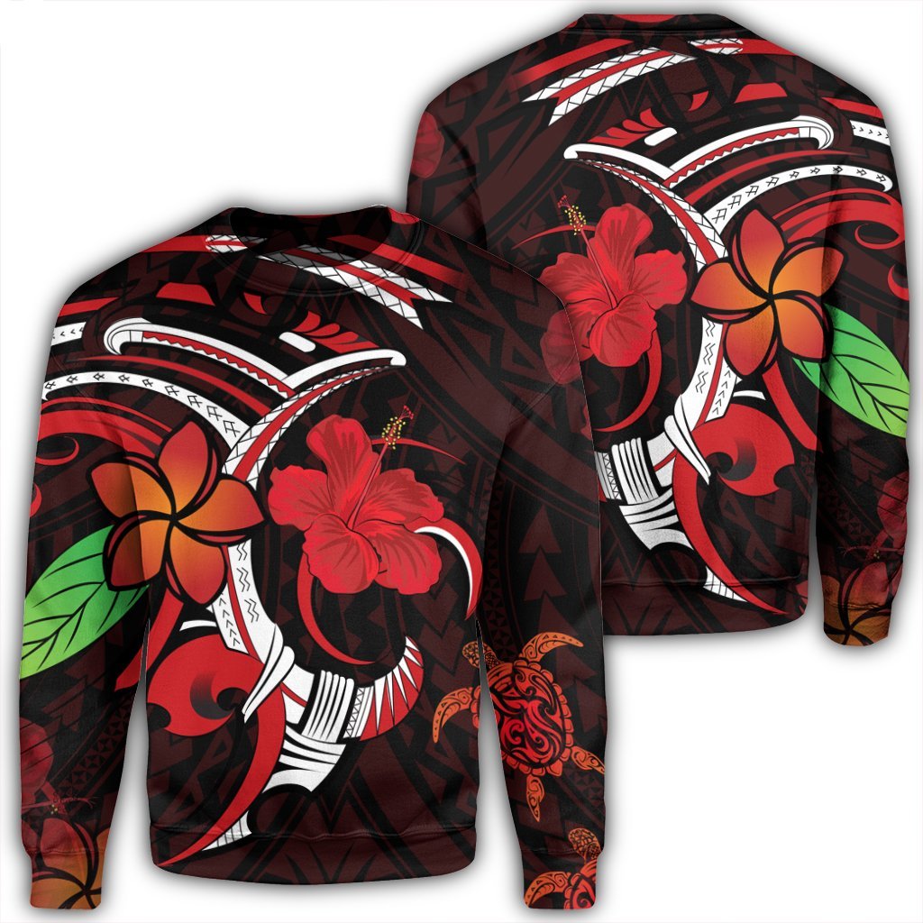 Hawaiian Turtle Hibiscus And Plumeria Flower Polynesian Sweatshirt - AH Unisex Black - Polynesian Pride