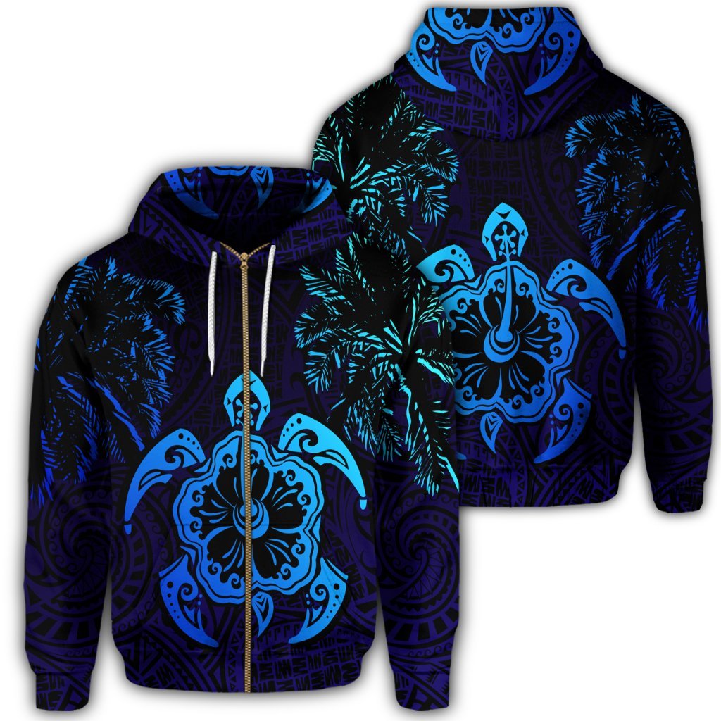Hawaiian Turtle Hibiscus Coconut Tree Polynesian Zip Hoodie Unisex Art - Polynesian Pride