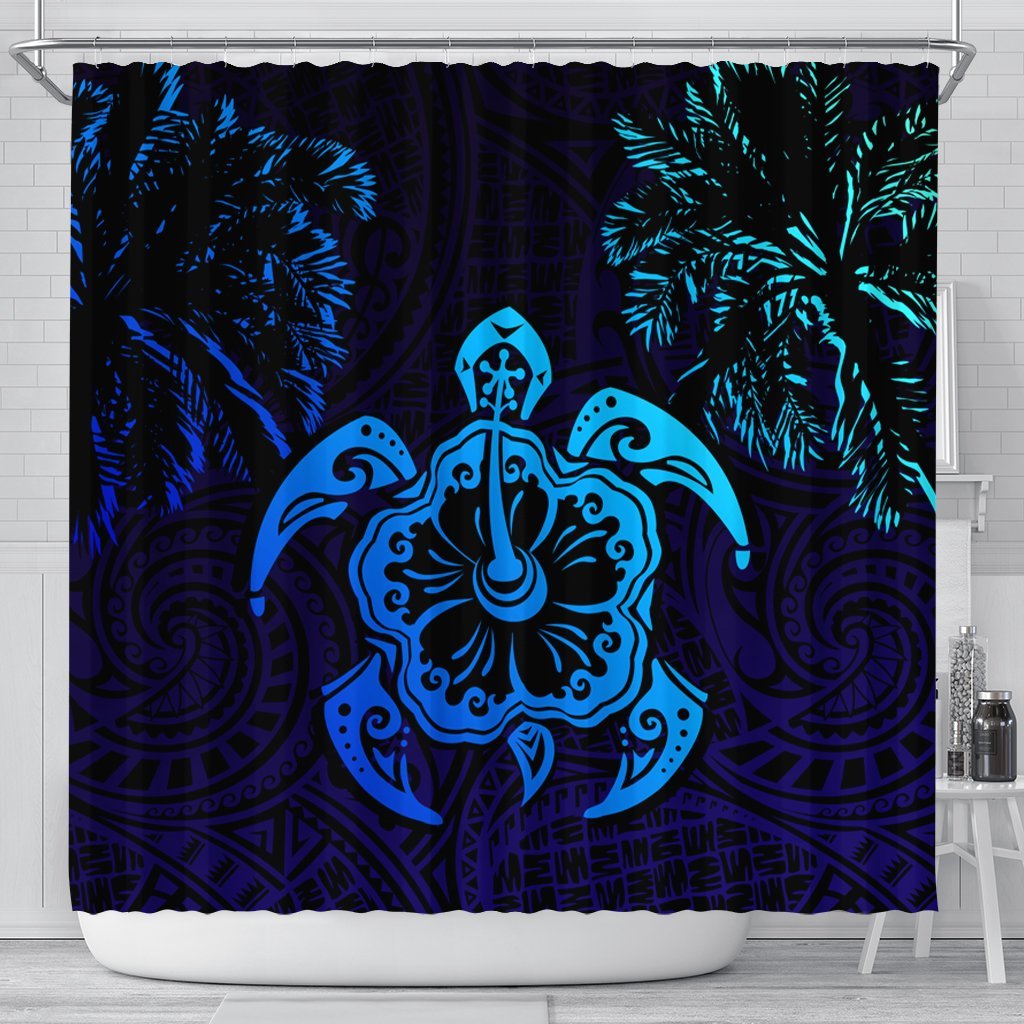 Hawaiian Turtle Hibiscus Coconut Tree Polynesian Shower Curtain AH 177 x 172 (cm) Black - Polynesian Pride