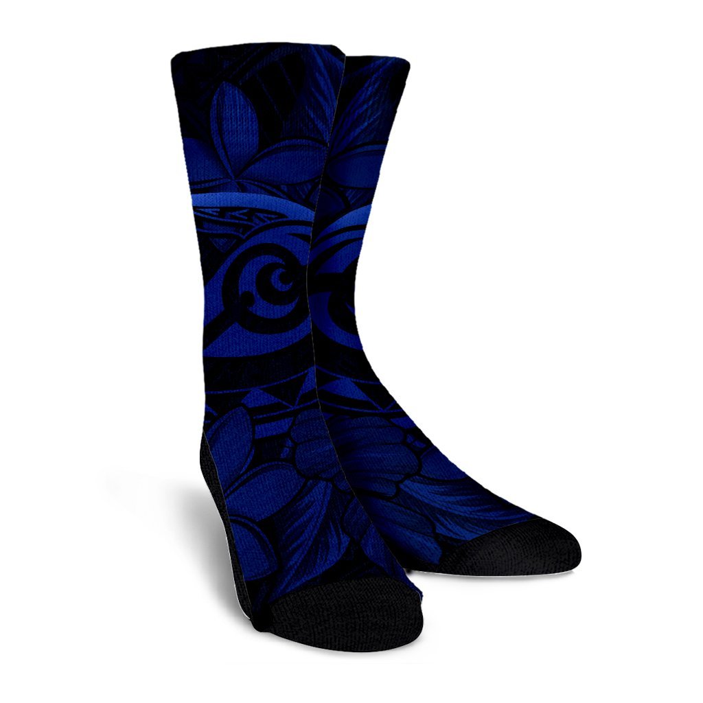 Hawaiian Turtle Hibiscus Plumeria Kanaka Polynesian Crew Socks Blue - Soft Style - AH - Polynesian Pride