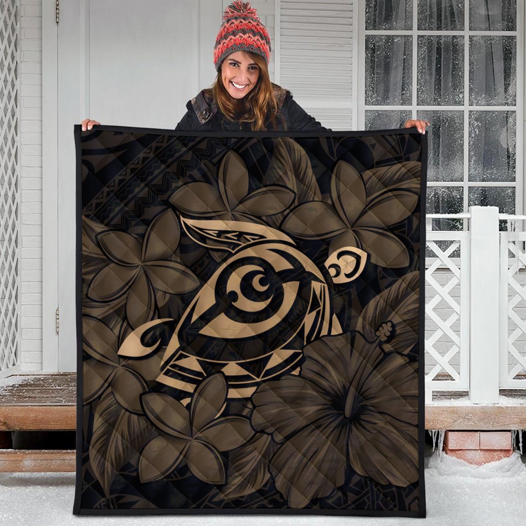 Hawaiian Turtle Hibiscus Plumeria Kanaka Polynesian Premium Quilts Gold - Soft Style - AH - Polynesian Pride