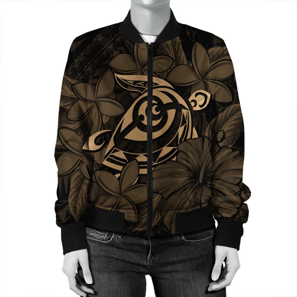 Hawaiian Turtle Hibiscus Plumeria Kanaka Polynesian Bomber Jacket Gold - Soft Style - AH - Polynesian Pride