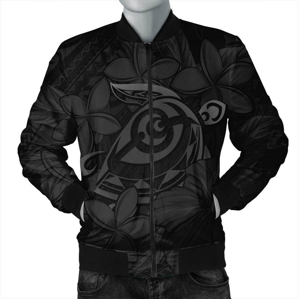 Hawaiian Turtle Hibiscus Plumeria Kanaka Polynesian Bomber Jacket Gray - Soft Style - AH Black Unisex - Polynesian Pride