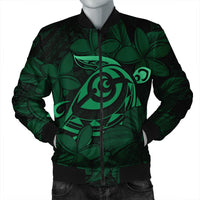 Hawaiian Turtle Hibiscus Plumeria Kanaka Polynesian Bomber Jacket Green - Soft Style - AH Black Unisex - Polynesian Pride
