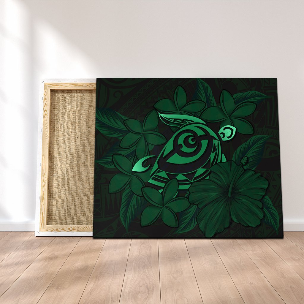 Hawaiian Turtle Hibiscus Plumeria Kanaka Polynesian Canvas Green - Soft Style - AH Canvas Poly-cotton - Polynesian Pride