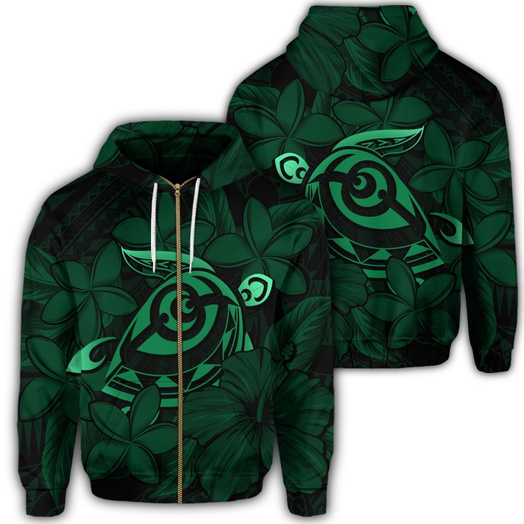 Hawaiian Turtle Hibiscus Plumeria Kanaka Polynesian Zip Hoodie Green Soft Style Unisex Art - Polynesian Pride