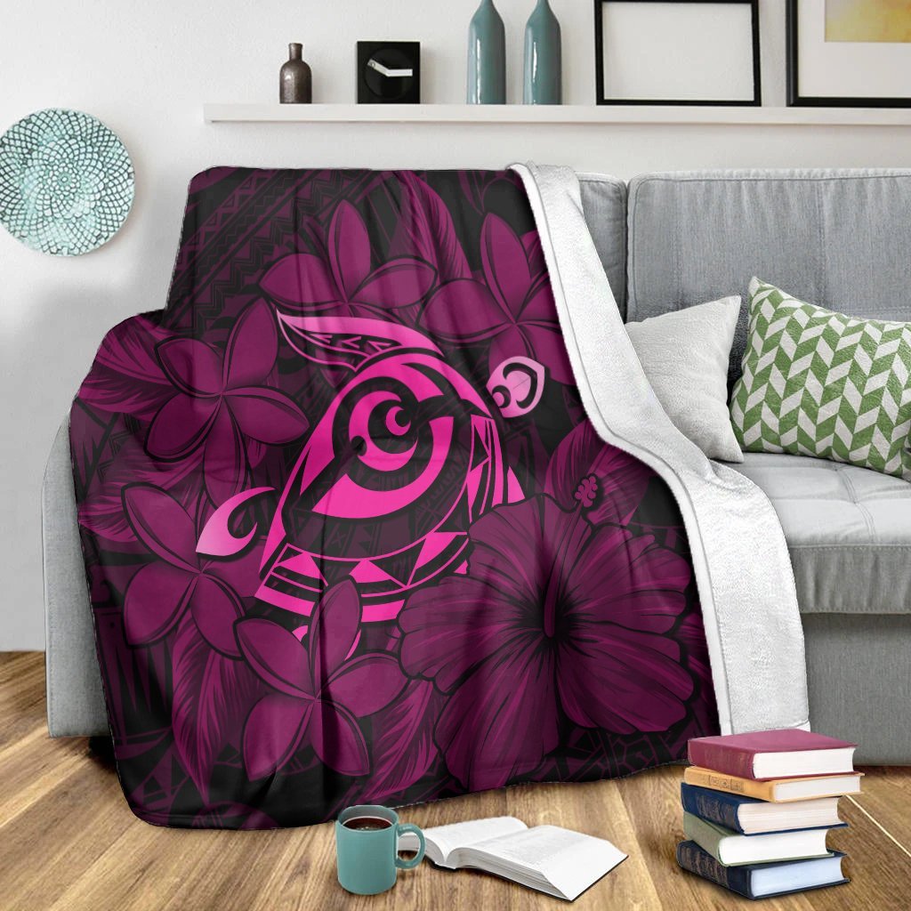Hawaiian Turtle Hibiscus Plumeria Kanaka Polynesian Premium Blankets Pink - Soft Style - AH - Polynesian Pride