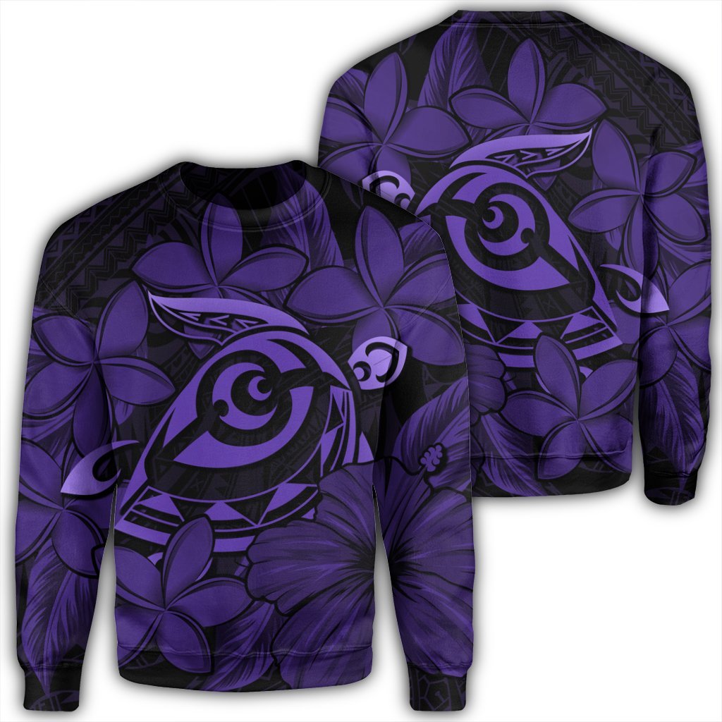 Hawaiian Turtle Hibiscus Plumeria Kanaka Polynesian Sweatshirt Purple - Soft Style - AH Unisex Black - Polynesian Pride