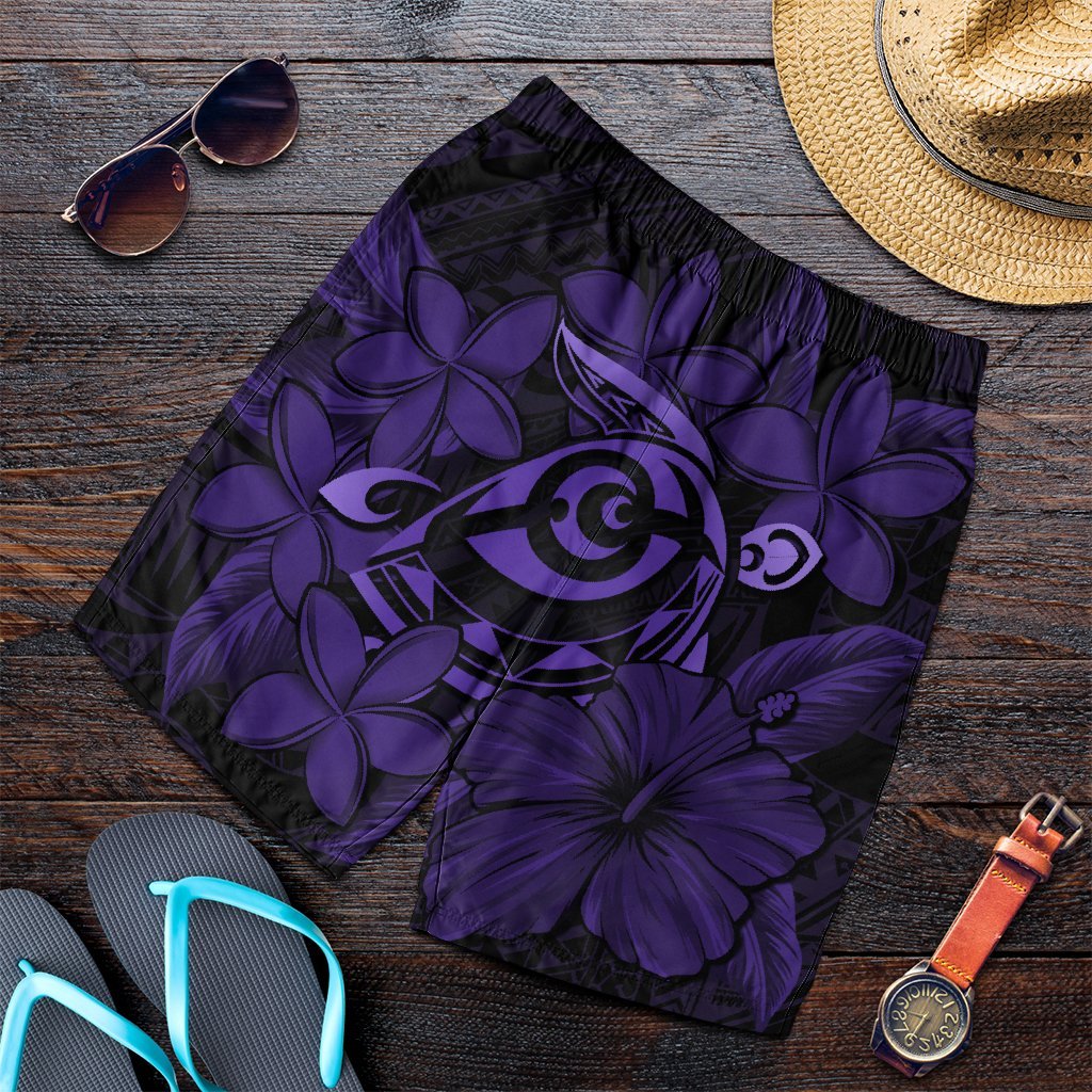 Hawaiian Turtle Hibiscus Plumeria Kanaka Polynesian Men's Shorts Purple - Soft Style - AH Art - Polynesian Pride
