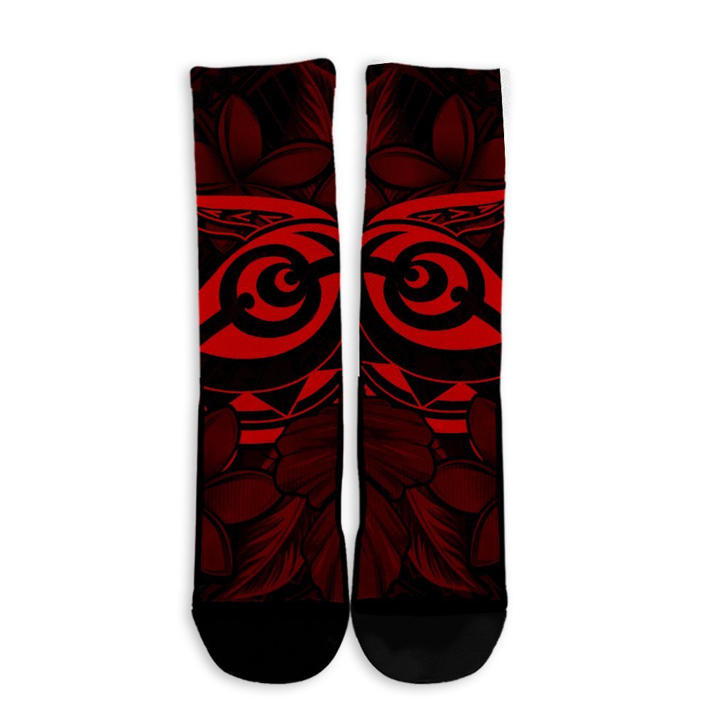 Hawaiian Turtle Hibiscus Plumeria Kanaka Polynesian Crew Socks Red - Soft Style - AH - Polynesian Pride