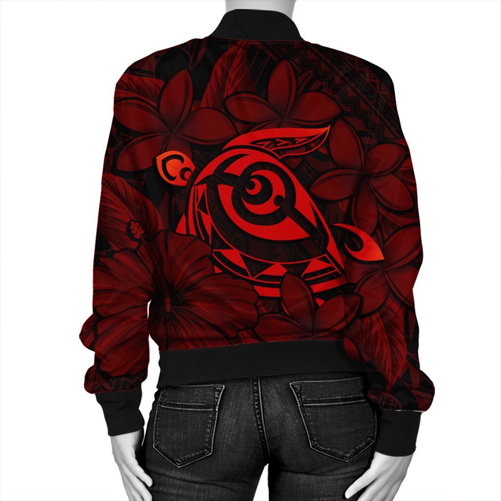 Hawaiian Turtle Hibiscus Plumeria Kanaka Polynesian Bomber Jacket Red - Soft Style - AH - Polynesian Pride