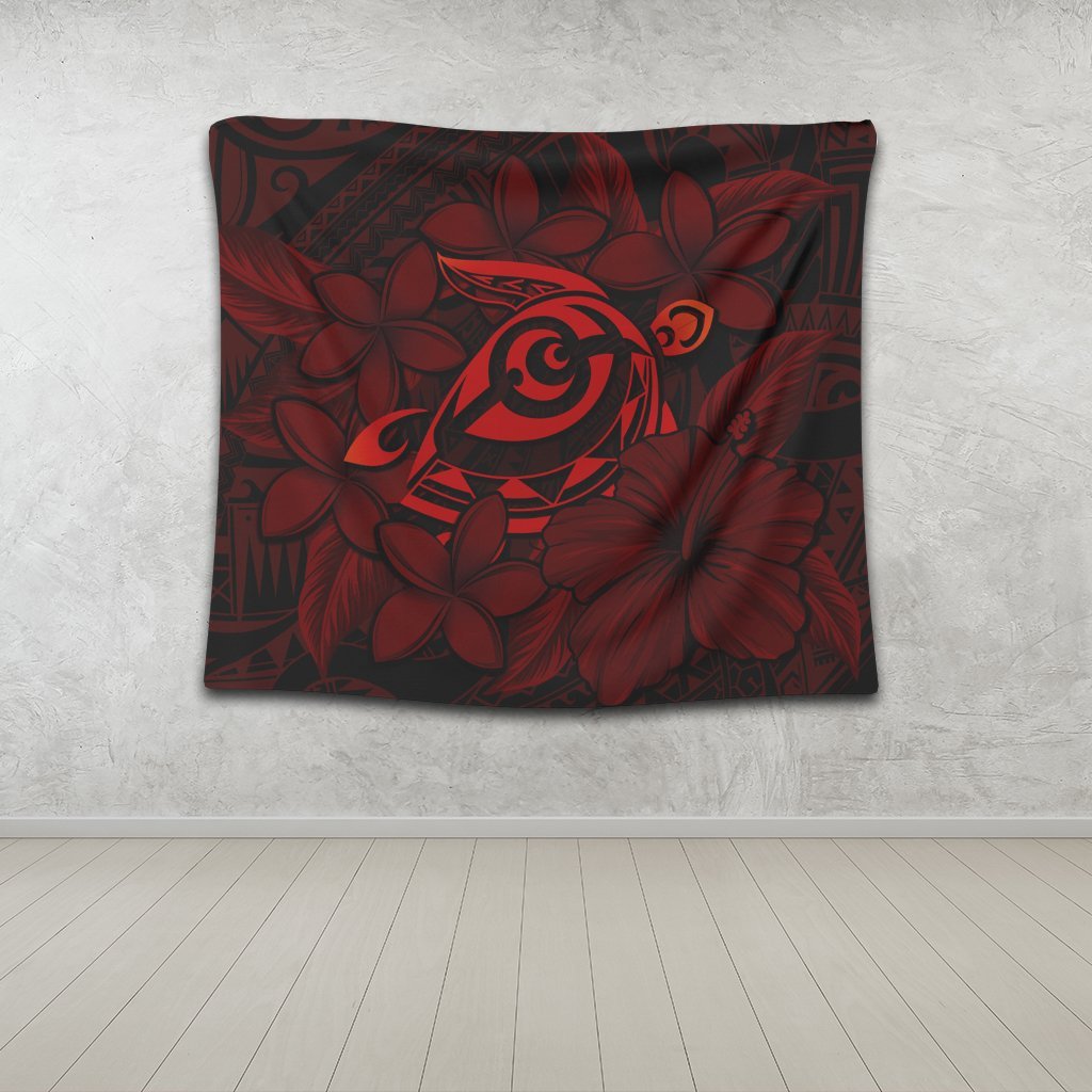 Hawaiian Turtle Hibiscus Plumeria Kanaka Polynesian Tapestry Red - Soft Style - AH - Polynesian Pride