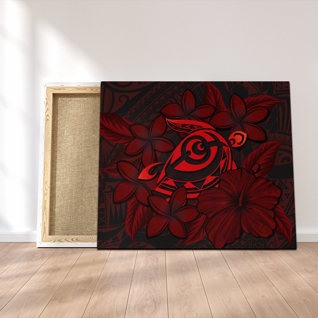 Hawaiian Turtle Hibiscus Plumeria Kanaka Polynesian Canvas Red - Soft Style - AH Canvas Poly-cotton - Polynesian Pride