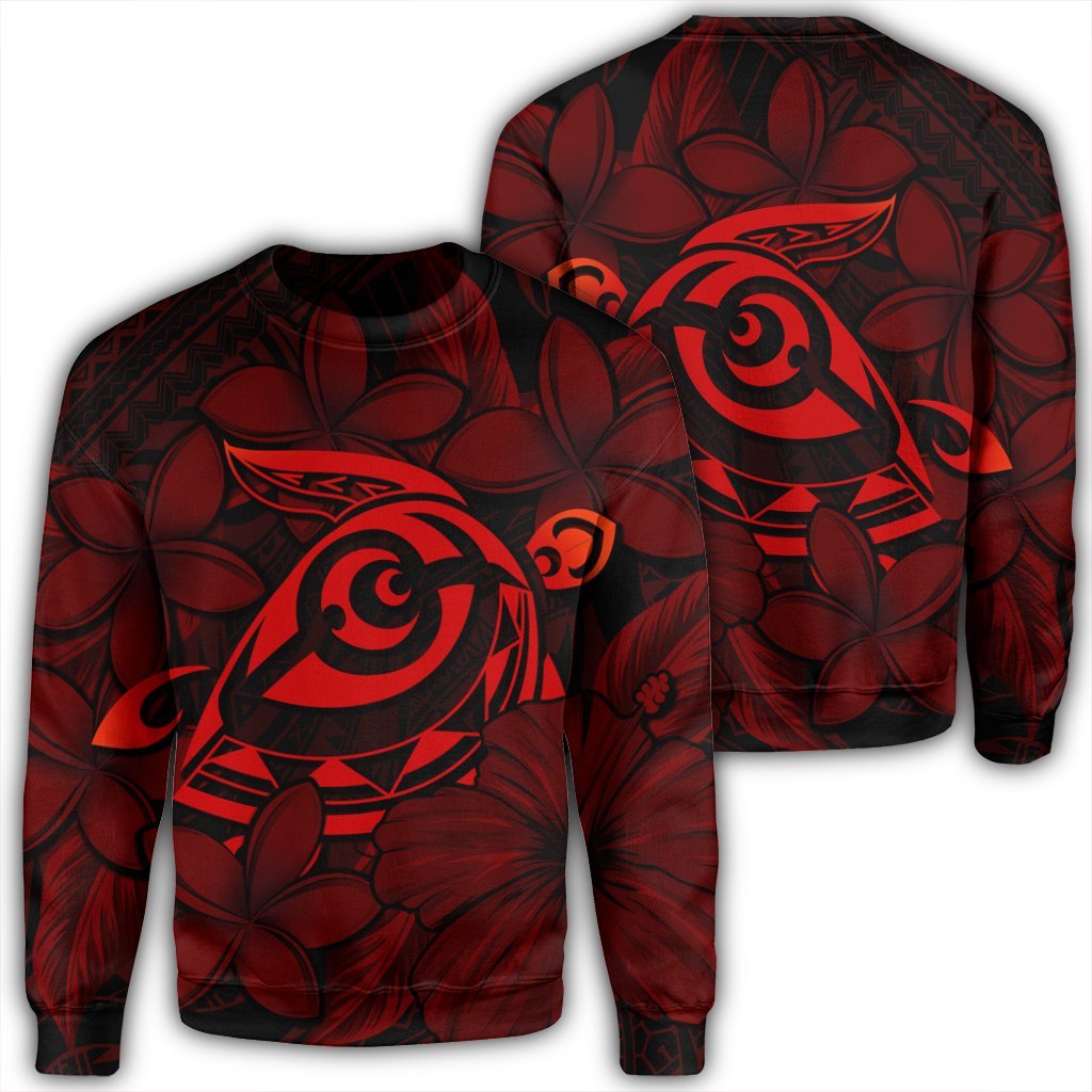 Hawaiian Turtle Hibiscus Plumeria Kanaka Polynesian Sweatshirt Red - Soft Style - AH Unisex Black - Polynesian Pride