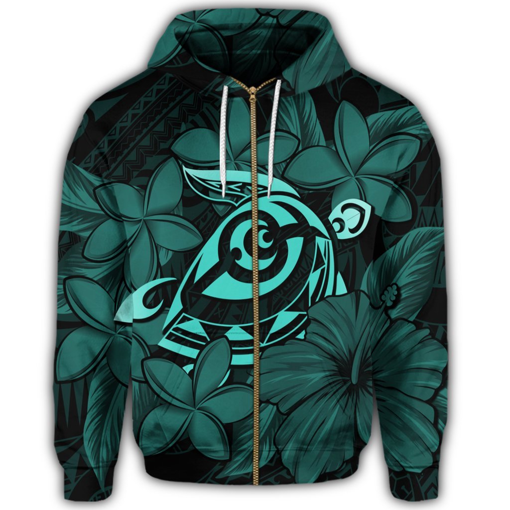 Hawaiian Turtle Hibiscus Plumeria Kanaka Polynesian Zip Hoodie Turquoise Soft Style - Polynesian Pride