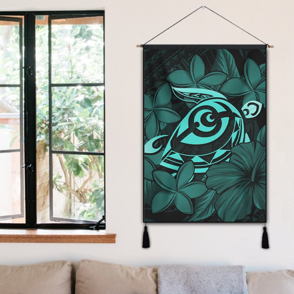 Hawaiian Turtle Hibiscus Plumeria Kanaka Polynesian Hanging Poster Turquoise - Soft Style - AH - Polynesian Pride