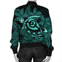 Hawaiian Turtle Hibiscus Plumeria Kanaka Polynesian Bomber Jacket Turquoise - Soft Style - AH - Polynesian Pride