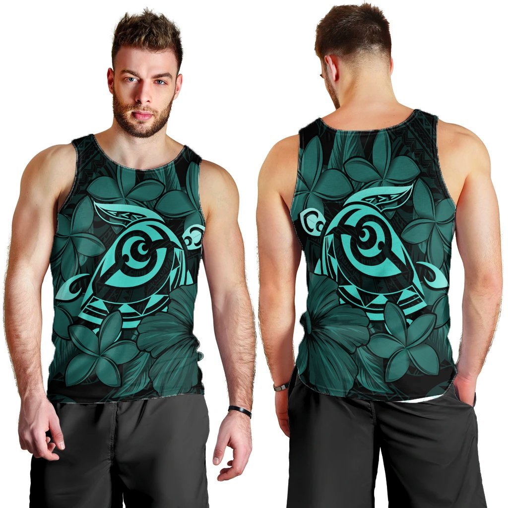 Hawaiian Turtle Hibiscus Plumeria Kanaka Polynesian Tank Top Turquoise - Soft Style - AH - Polynesian Pride