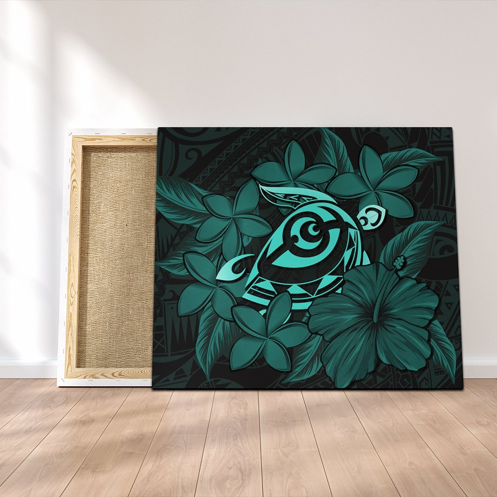 Hawaiian Turtle Hibiscus Plumeria Kanaka Polynesian Canvas Turquoise - Soft Style - AH Canvas Poly-cotton - Polynesian Pride