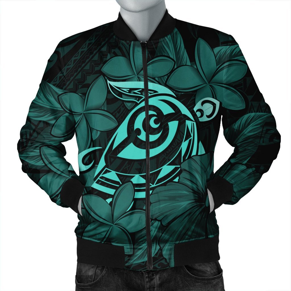 Hawaiian Turtle Hibiscus Plumeria Kanaka Polynesian Bomber Jacket Turquoise - Soft Style - AH Black Unisex - Polynesian Pride