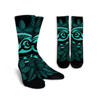 Hawaiian Turtle Hibiscus Plumeria Kanaka Polynesian Crew Socks Turquoise - Soft Style - AH Crew Socks White - Polynesian Pride