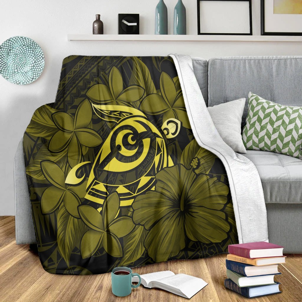 Hawaiian Turtle Hibiscus Plumeria Kanaka Polynesian Premium Blankets Yellow - Soft Style - AH - Polynesian Pride