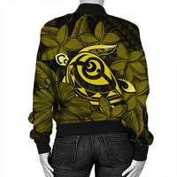 Hawaiian Turtle Hibiscus Plumeria Kanaka Polynesian Bomber Jacket Yellow - Soft Style - AH - Polynesian Pride