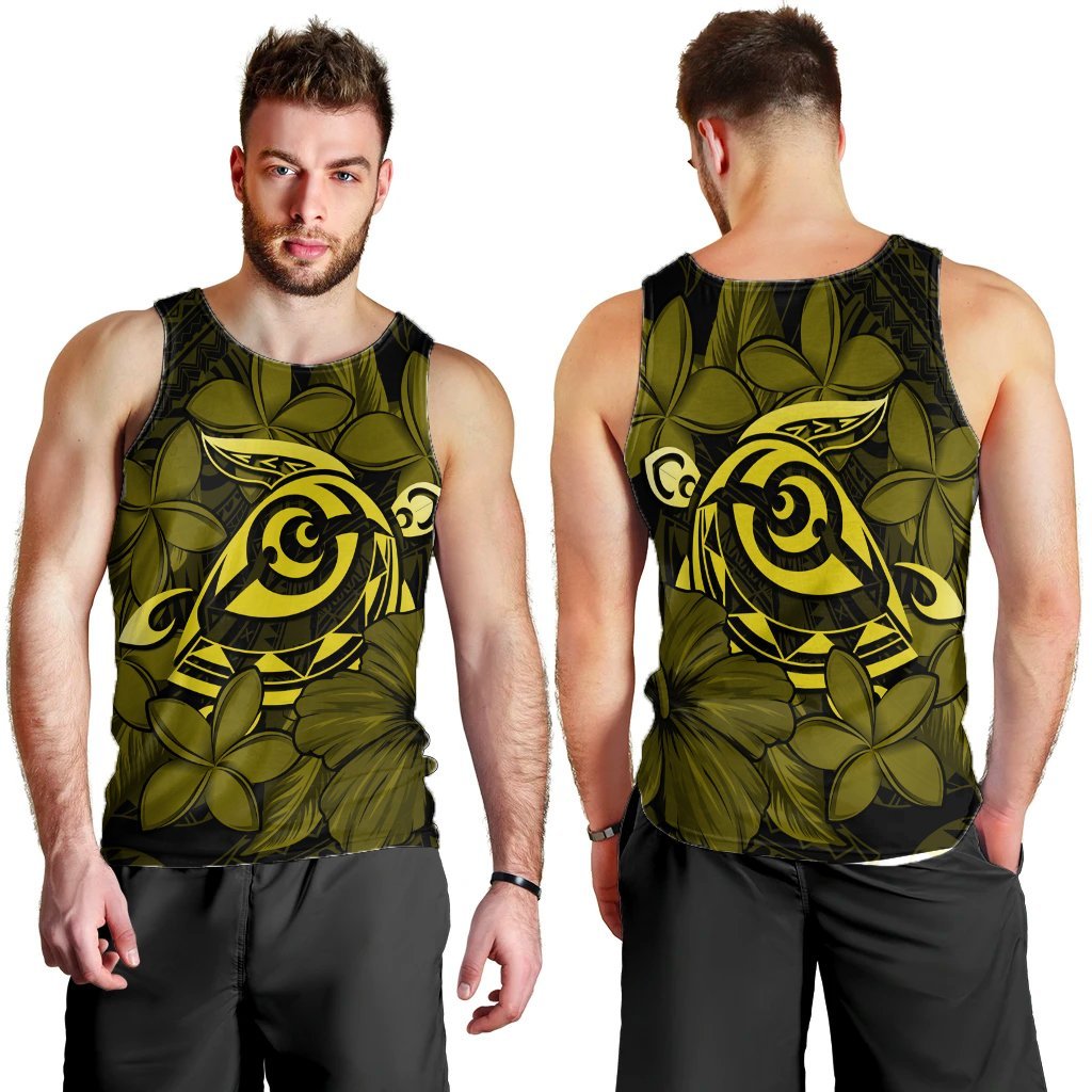 Hawaiian Turtle Hibiscus Plumeria Kanaka Polynesian Tank Top Yellow - Soft Style - AH - Polynesian Pride