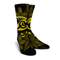 Hawaiian Turtle Hibiscus Plumeria Kanaka Polynesian Crew Socks Yellow - Soft Style - AH - Polynesian Pride