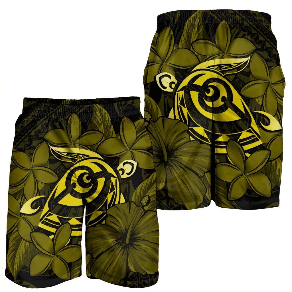 Hawaiian Turtle Hibiscus Plumeria Kanaka Polynesian Men's Shorts Yellow - Soft Style - AH - Polynesian Pride