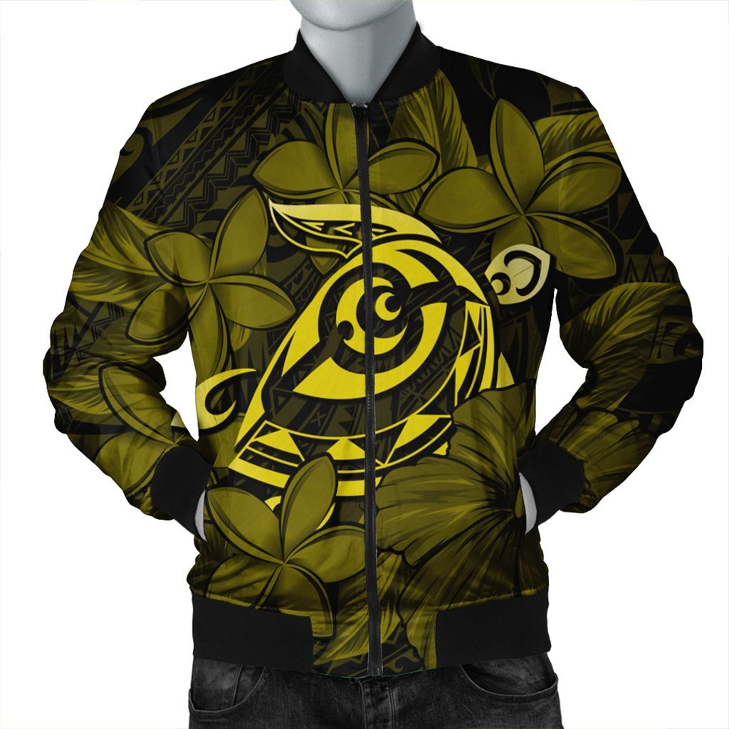 Hawaiian Turtle Hibiscus Plumeria Kanaka Polynesian Bomber Jacket Yellow - Soft Style - AH Black Unisex - Polynesian Pride