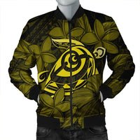 Hawaiian Turtle Hibiscus Plumeria Kanaka Polynesian Bomber Jacket Yellow - Soft Style - AH Black Unisex - Polynesian Pride