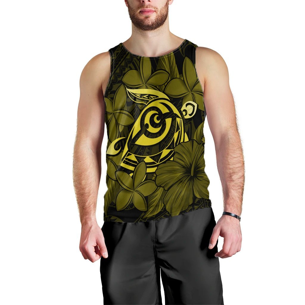 Hawaiian Turtle Hibiscus Plumeria Kanaka Polynesian Tank Top Yellow - Soft Style - AH Black - Polynesian Pride