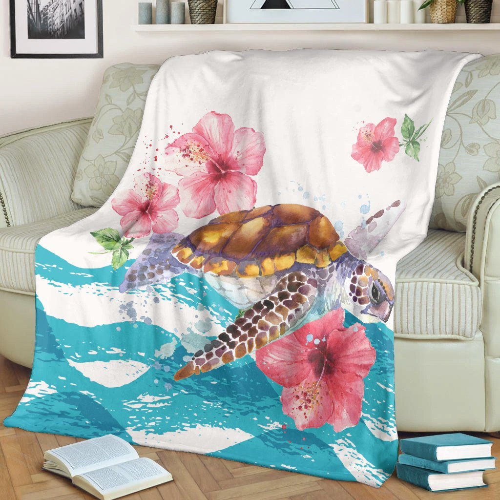 Hawaiian Turtle Hibiscus Waves Polynesian Premium Blankets - AH - Polynesian Pride