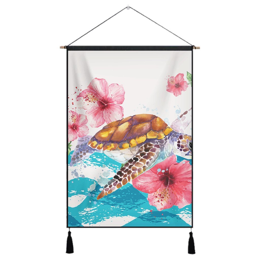 Hawaiian Turtle Hibiscus Waves Polynesian Hanging Poster - AH Hanging Poster Cotton And Linen - Polynesian Pride