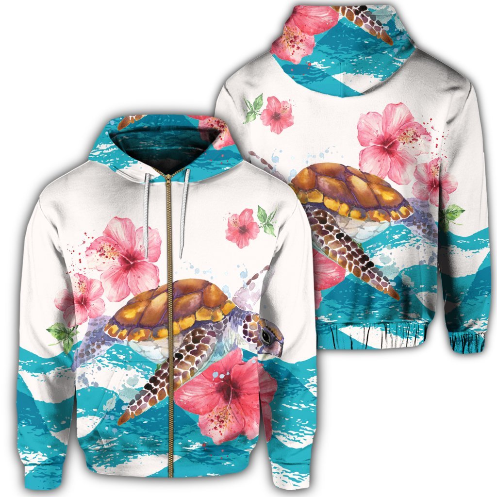 Hawaiian Turtle Hibiscus Waves Polynesian Zip Hoodie Unisex Art - Polynesian Pride