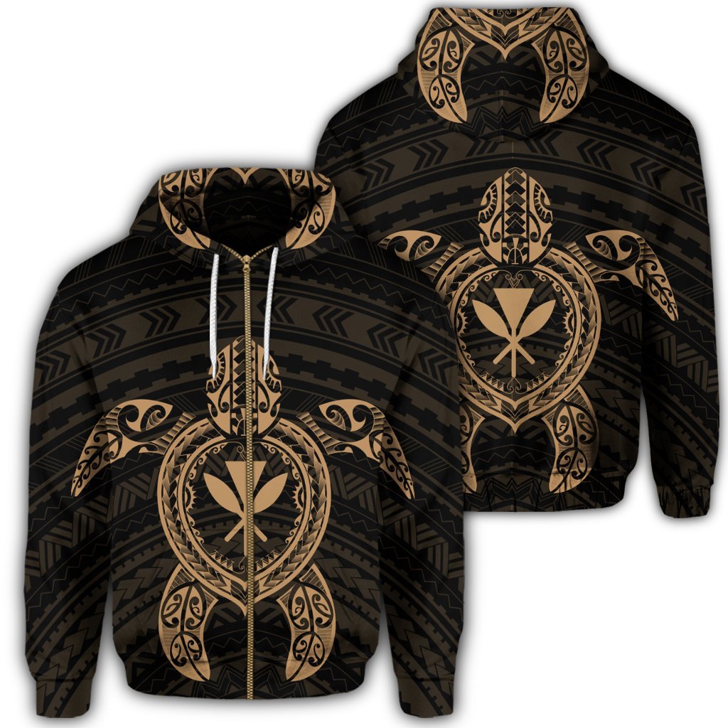 Hawaiian Turtle Kanaka Polynesian Zip Hoodie Gold Unisex Art - Polynesian Pride
