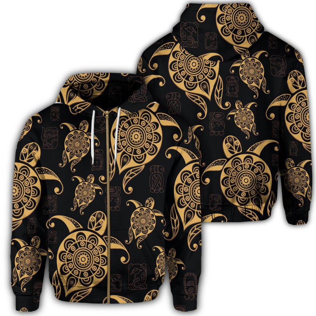 Hawaiian Turtle Pattern Golden Zip Hoodie Unisex Art - Polynesian Pride