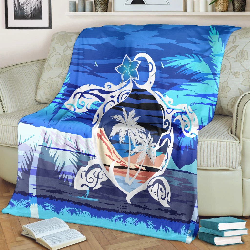 Hawaiian Turtle Plumeria Coconut Tree Polynesian Premium Blankets Blue - AH - Polynesian Pride