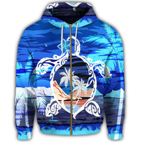 Hawaiian Turtle Plumeria Coconut Tree Polynesian Zip Hoodie Blue - Polynesian Pride