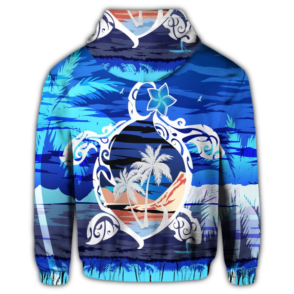 Hawaiian Turtle Plumeria Coconut Tree Polynesian Zip Hoodie Blue - Polynesian Pride
