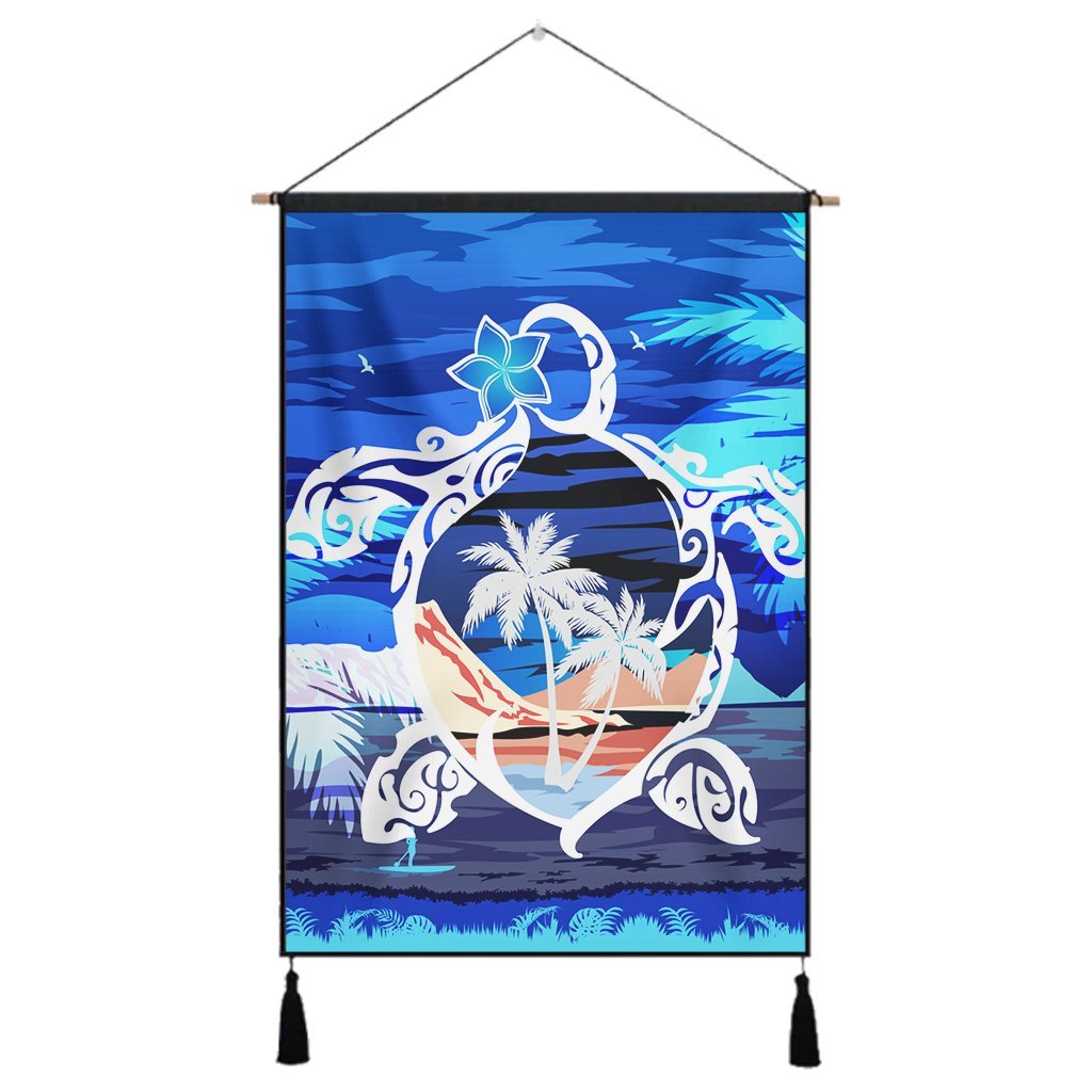 Hawaiian Turtle Plumeria Coconut Tree Polynesian Hanging Poster Blue - AH Hanging Poster Cotton And Linen - Polynesian Pride