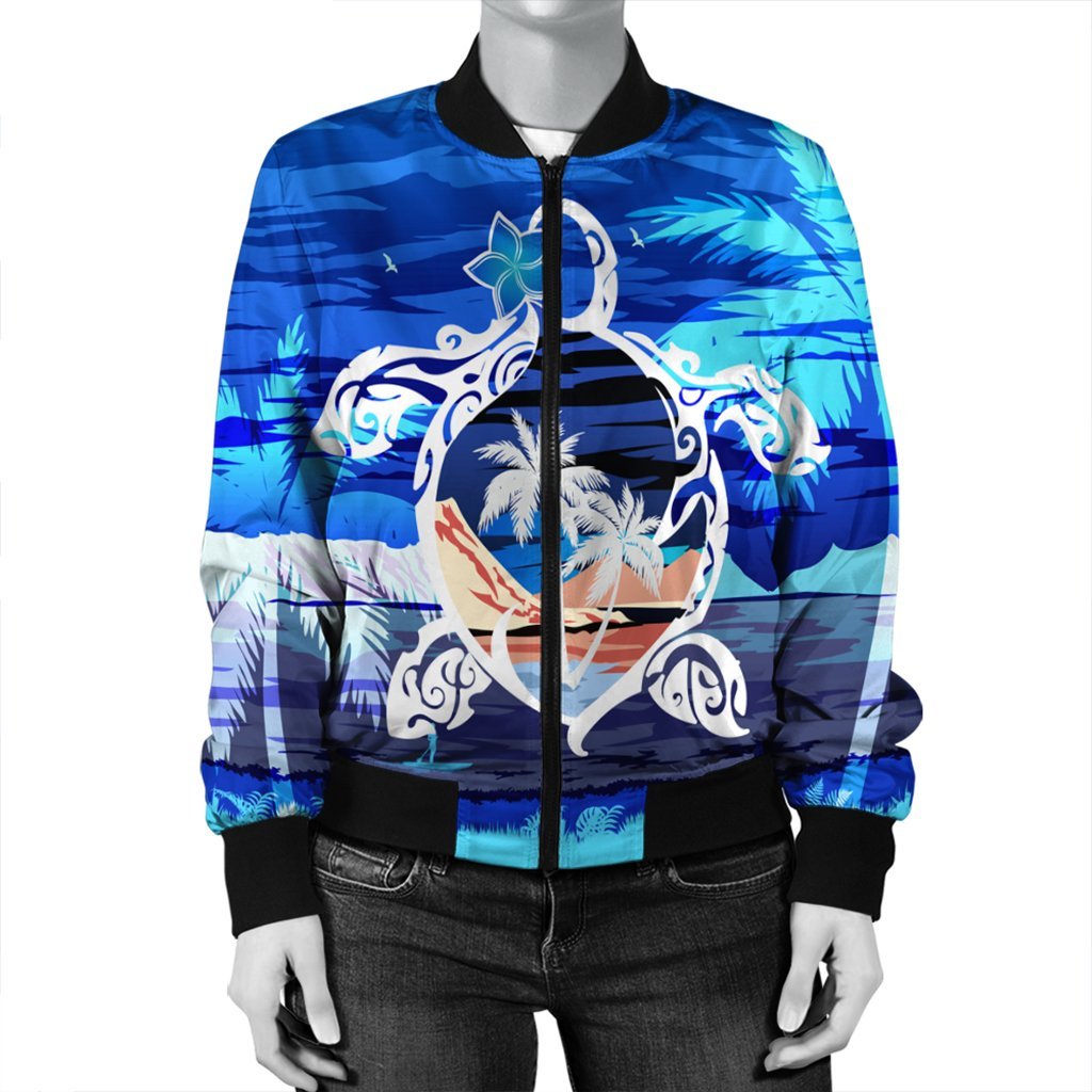 Hawaiian Turtle Plumeria Coconut Tree Polynesian Bomber Jacket Blue - AH - Polynesian Pride