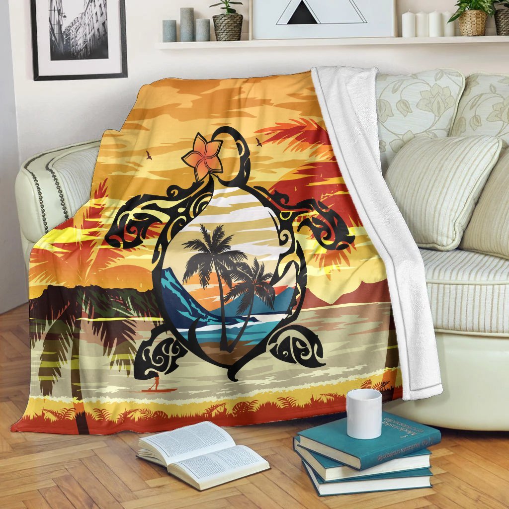 Hawaiian Turtle Plumeria Coconut Tree Polynesian Premium Blankets Gold - AH White - Polynesian Pride