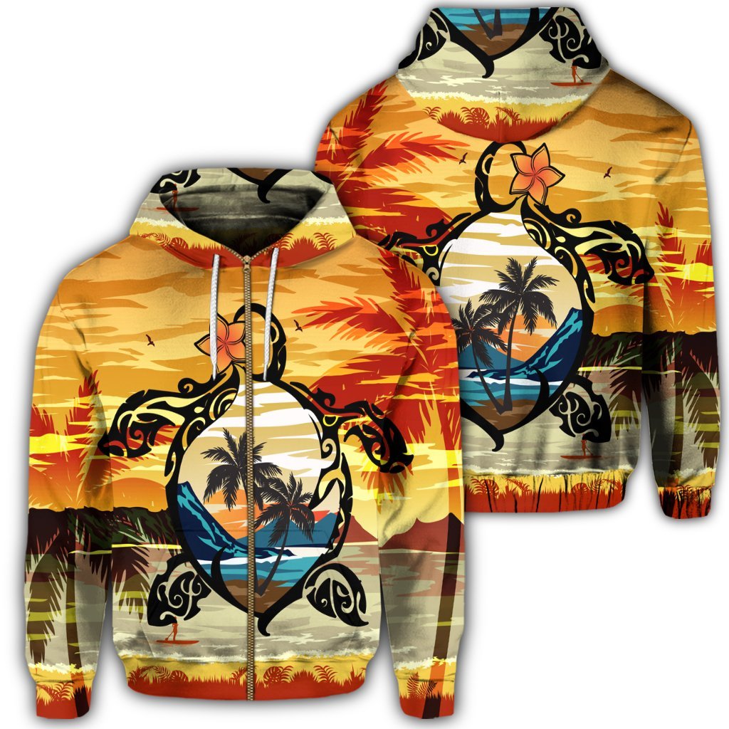 Hawaiian Turtle Plumeria Coconut Tree Polynesian Zip Hoodie Gold Unisex Art - Polynesian Pride