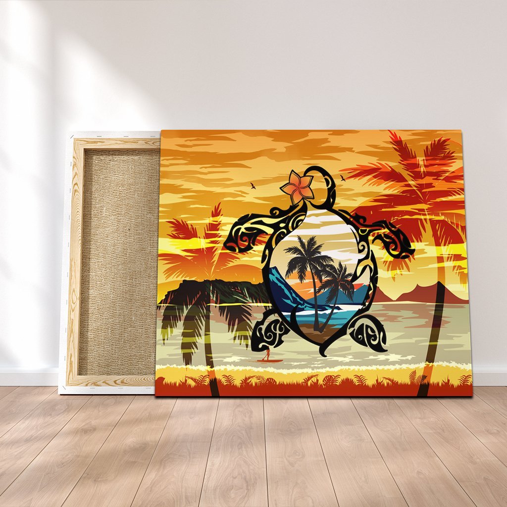 Hawaiian Turtle Plumeria Coconut Tree Polynesian Canvas Gold - AH Canvas Poly-cotton - Polynesian Pride